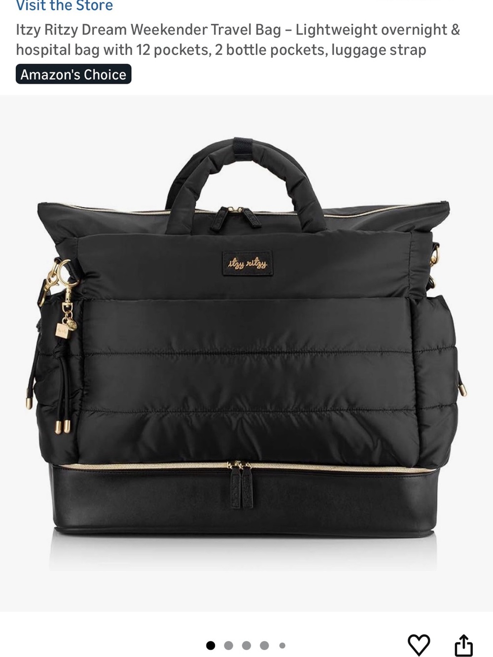 Itzy Ritzy Black Quilted Baby Bag with Gold Accents